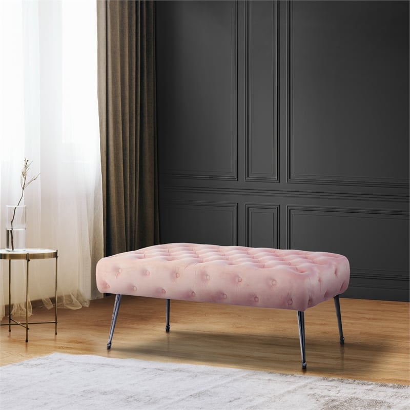 Pemberly Row Velvet Tufted Plywood Frame Bench in Pink with Silver Chrome Legs