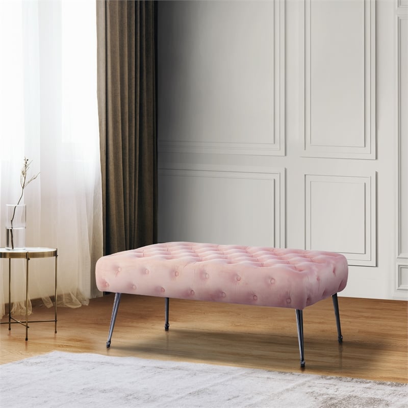 Pemberly Row Velvet Tufted Plywood Frame Bench in Pink with Silver Chrome Legs