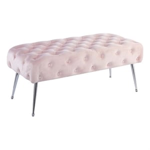 Pemberly Row Velvet Tufted Plywood Frame Bench in Pink with Silver Chrome Legs