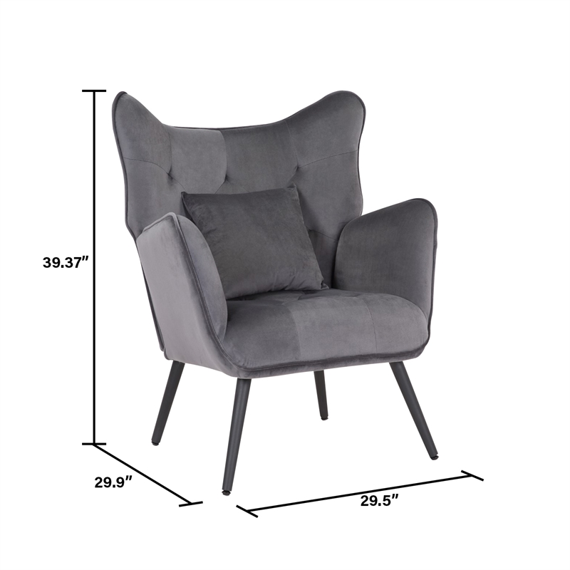 Pemberly Row Velvet Fabric Plywood Frame Wing Back Chair in Gray