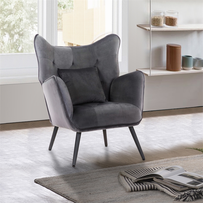 Pemberly Row Velvet Fabric Plywood Frame Wing Back Chair in Gray