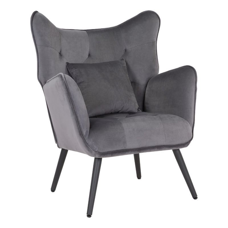 Pemberly Row Velvet Fabric Plywood Frame Wing Back Chair in Gray