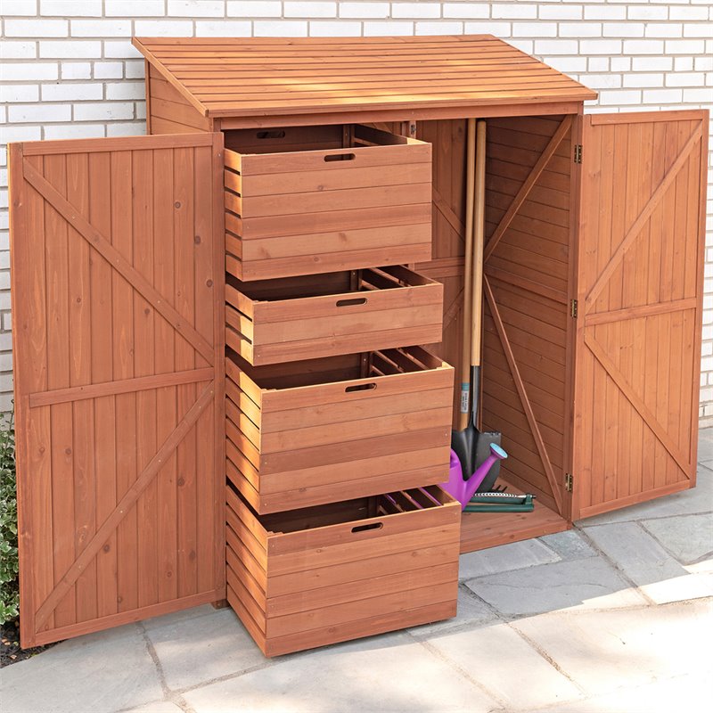 Pemberly Row Wood Storage Shed with Pull Out Crates in Medium Brown