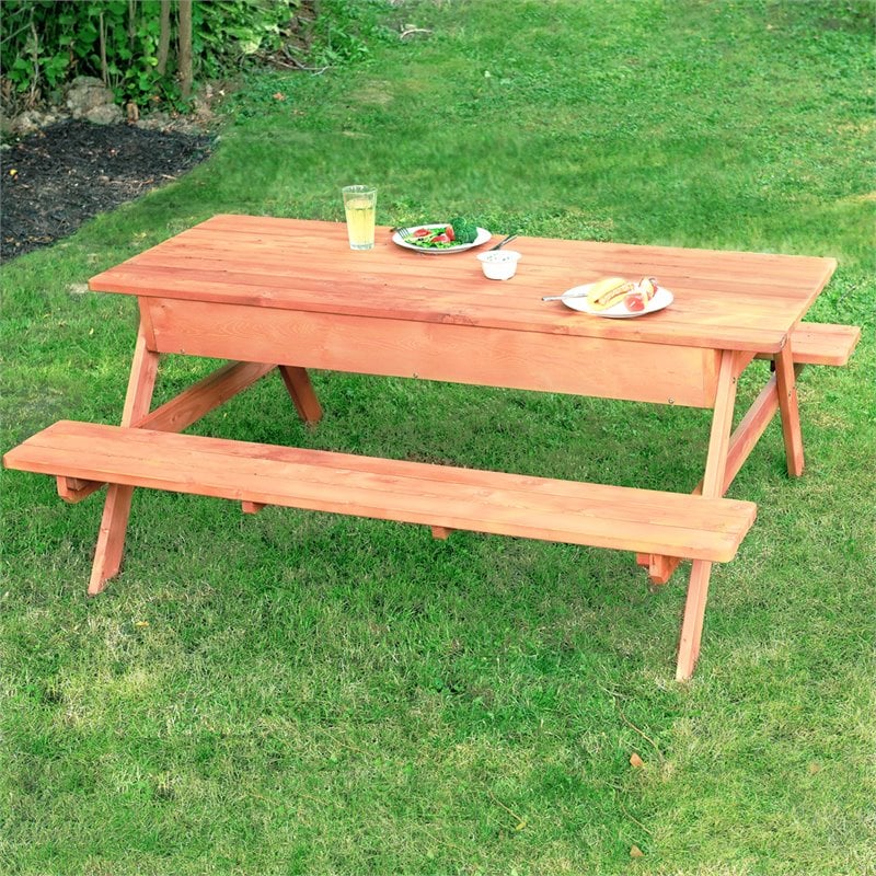 Pemberly Row Wood Picnic Table With Storage Compartment in Medium Brown
