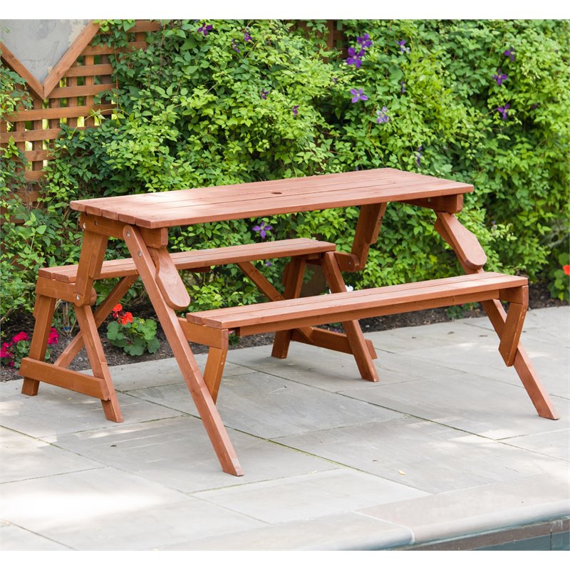 Pemberly Row Wood Convertible Picnic Table & Garden Bench in Medium Brown