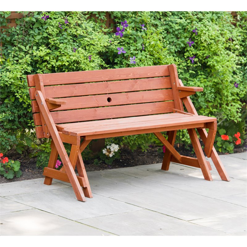 Pemberly Row Wood Convertible Picnic Table & Garden Bench in Medium Brown