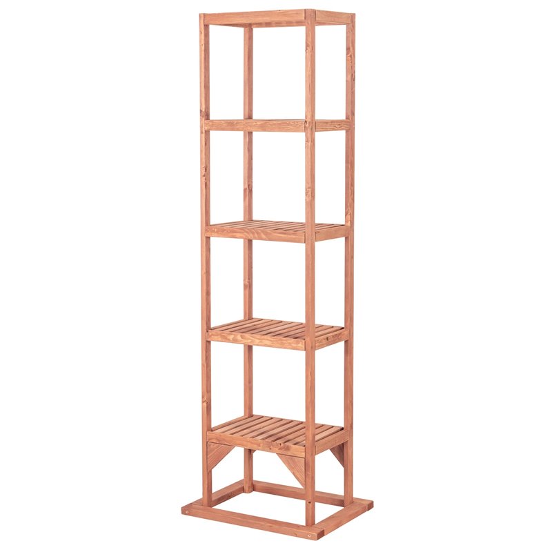 Pemberly Row Contemporary 5-Shelf Wood Tower Plant Stand in Medium Brown