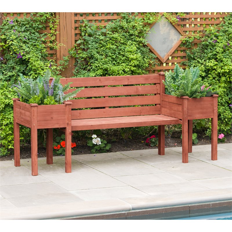 Pemberly Row Wood Planter Bench with Slanted Back Rest in Medium Brown