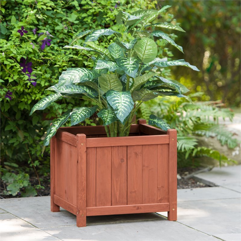 Pemberly Row Contemporary Square Wood Patio Planter Box in Medium Brown