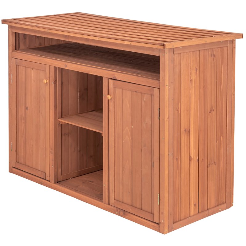 Pemberly Row Wood Short Display and Hideaway Storage Cabinet in Medium Brown