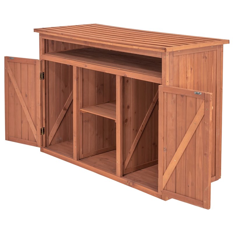 Pemberly Row Wood Short Display and Hideaway Storage Cabinet in Medium Brown
