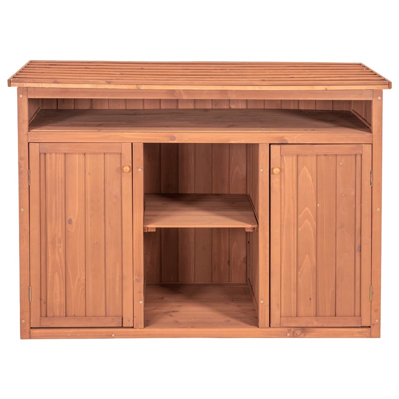 Pemberly Row Wood Short Display and Hideaway Storage Cabinet in Medium Brown