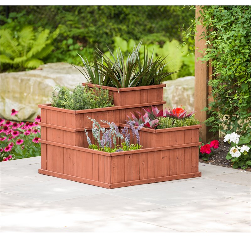 Pemberly Row 4 Separate Compartments Wood Planter in Medium Brown
