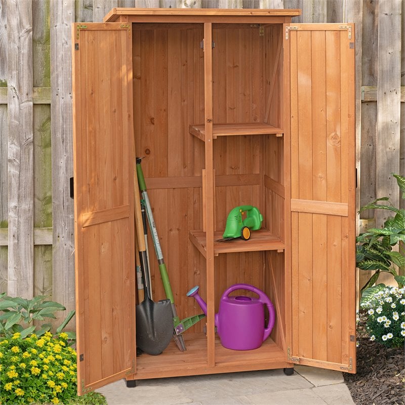 Pemberly Row Farmhouse Wood Vertical Storage Shed in Medium Brown