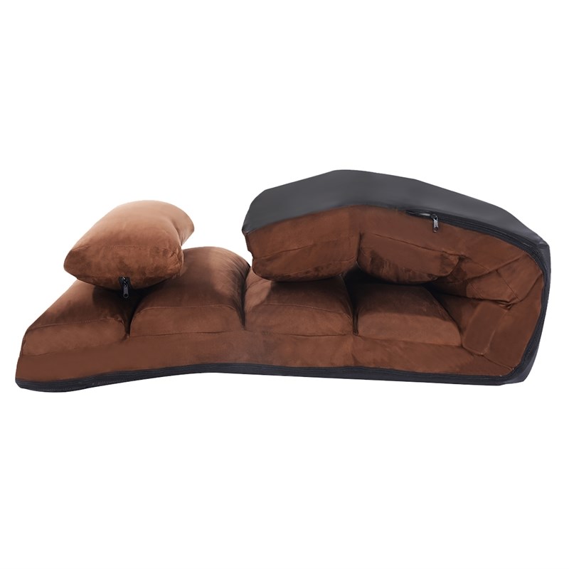 Pemberly Row Contemporary Suede Folding Lazy Sofa Chair with Pillow in Coffee