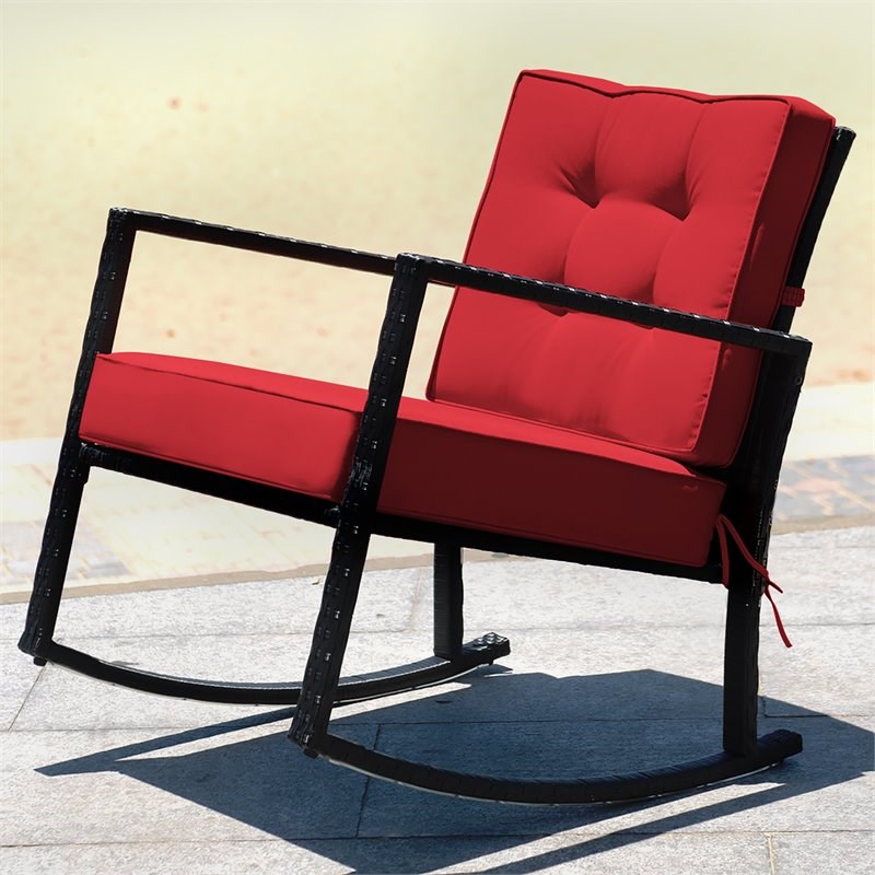 Pemberly Row 2 Pieces Rattan Outdoor Patio Rocking Chair with Cushion in Red