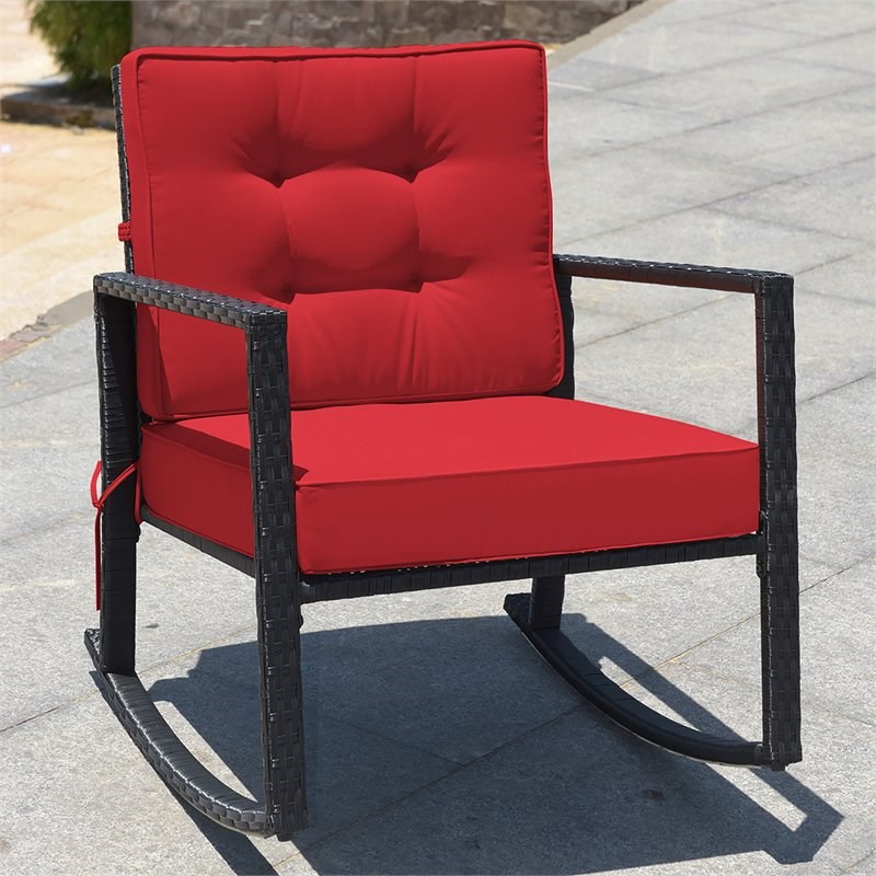 Pemberly Row 2 Pieces Rattan Outdoor Patio Rocking Chair with Cushion in Red