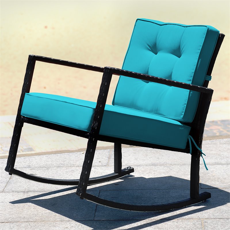 Pemberly Row 2 Pcs Rattan Outdoor Patio Rocking Chair with Cushion in Turquoise