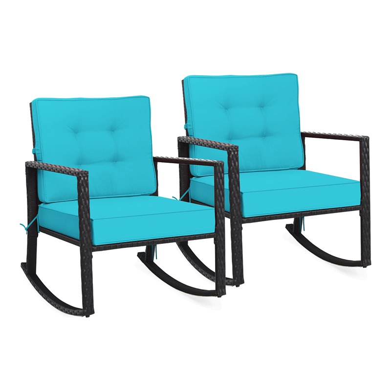 Pemberly Row 2 Pcs Rattan Outdoor Patio Rocking Chair with Cushion in Turquoise
