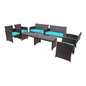 Pemberly Row 8 Pieces Rattan Patio Furniture Set with Cushion in Turquoise/Brown