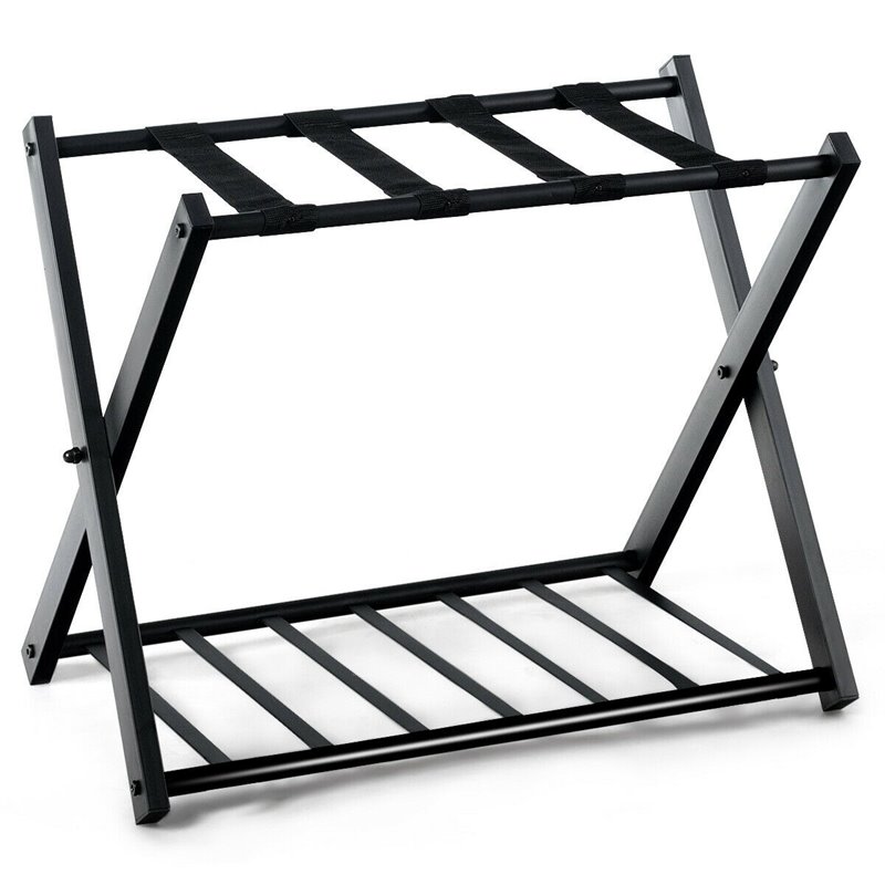 Pemberly Row Folding Luggage Rack w/ Shoe Storage Holder in Black (Set of 2)