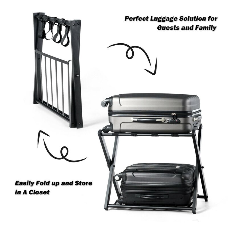Pemberly Row Folding Luggage Rack w/ Shoe Storage Holder in Black (Set of 2)