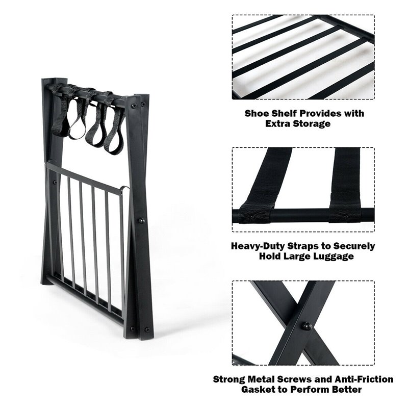 Pemberly Row Folding Luggage Rack w/ Shoe Storage Holder in Black (Set of 2)