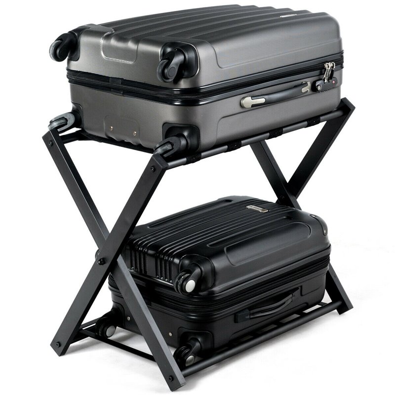 Pemberly Row Folding Luggage Rack w/ Shoe Storage Holder in Black (Set of 2)