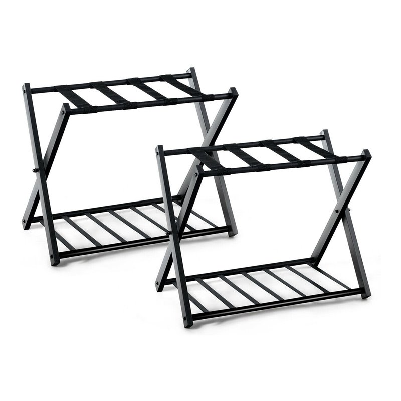 Pemberly Row Folding Luggage Rack w/ Shoe Storage Holder in Black (Set of 2)