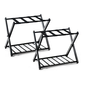 Pemberly Row Folding Luggage Rack w/ Shoe Storage Holder in Black (Set of 2)