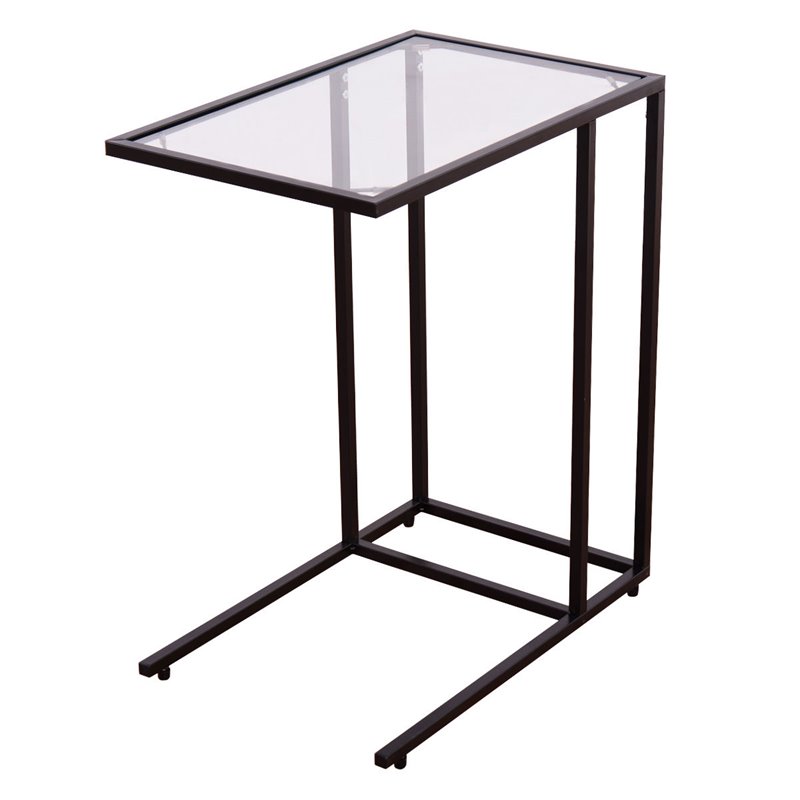 Pemberly Row Contemporary Glass and Steel Side End Table in Black (Set of 2)