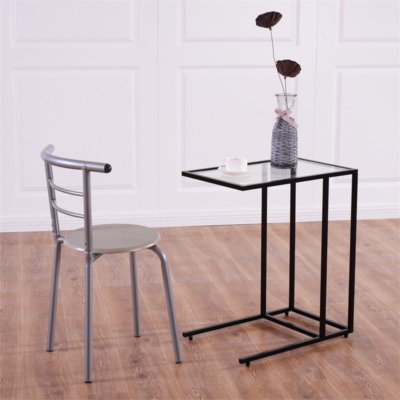 Pemberly Row Contemporary Glass and Steel Side End Table in Black (Set of 2)