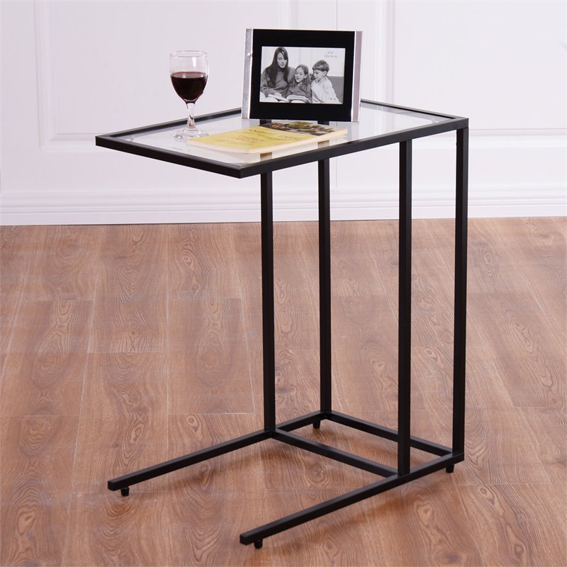 Pemberly Row Contemporary Glass and Steel Side End Table in Black (Set of 2)