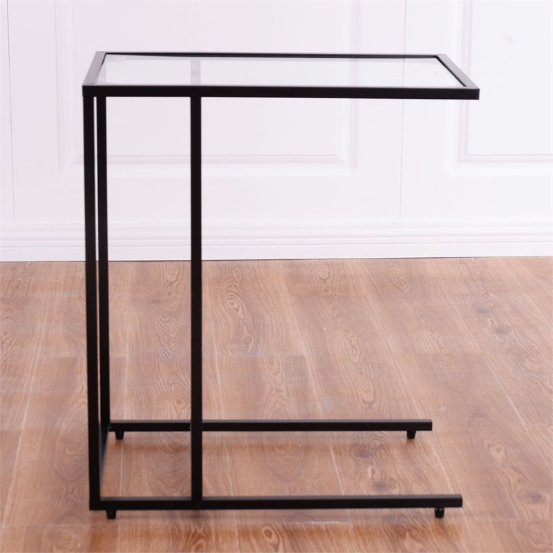 Pemberly Row Contemporary Glass and Steel Side End Table in Black (Set of 2)