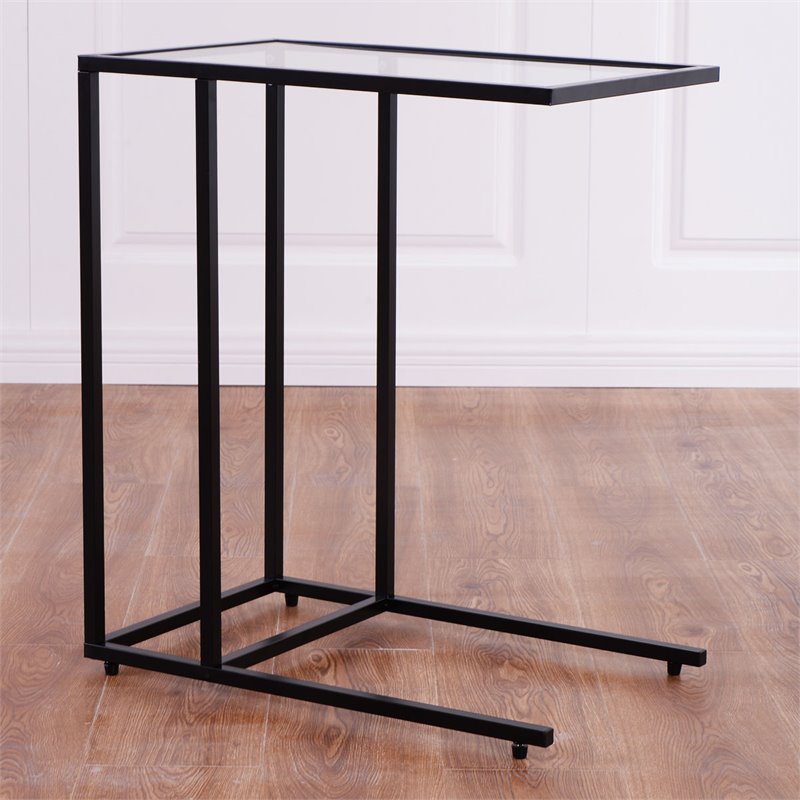 Pemberly Row Contemporary Glass and Steel Side End Table in Black (Set of 2)