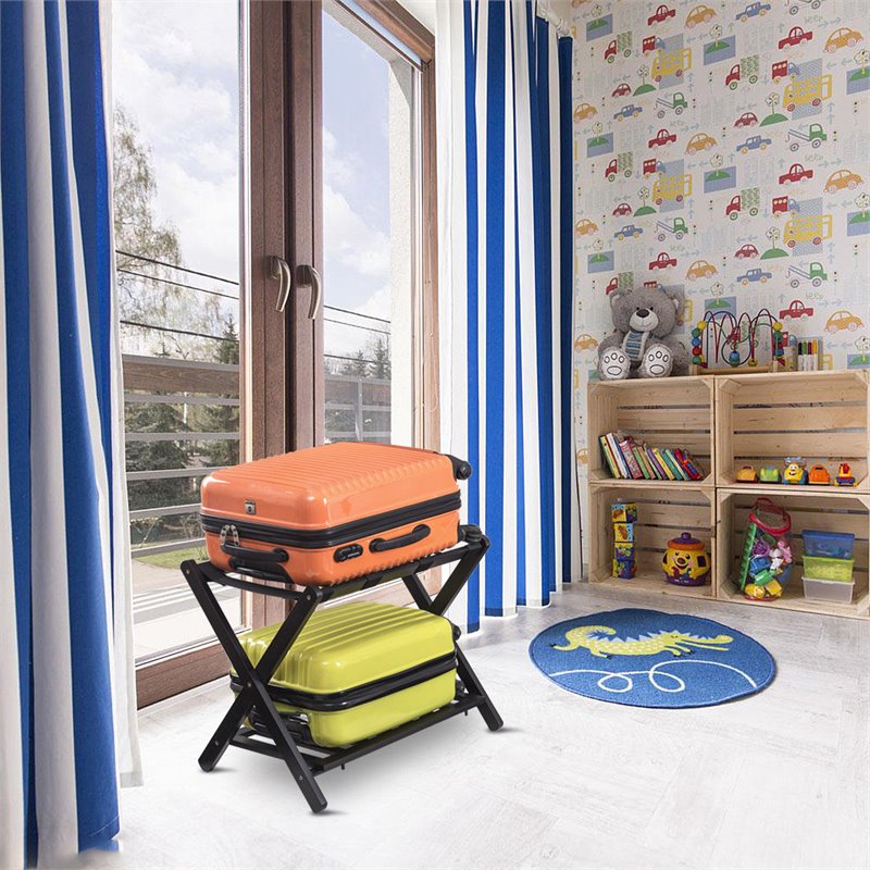 Pemberly Row Folding Luggage Rack w/ Shoe Storage Holder in Black (Set of 3)