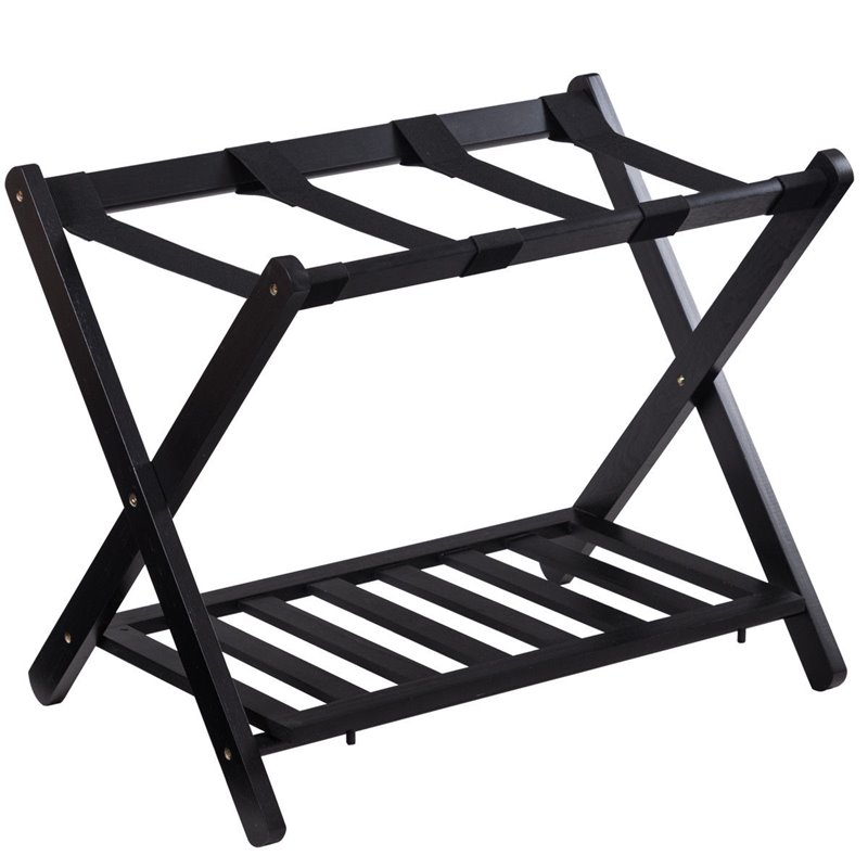 Pemberly Row Folding Luggage Rack w/ Shoe Storage Holder in Black (Set of 3)
