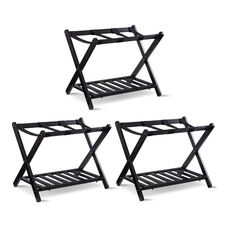 Pemberly Row Folding Luggage Rack w/ Shoe Storage Holder in Black (Set of 3)
