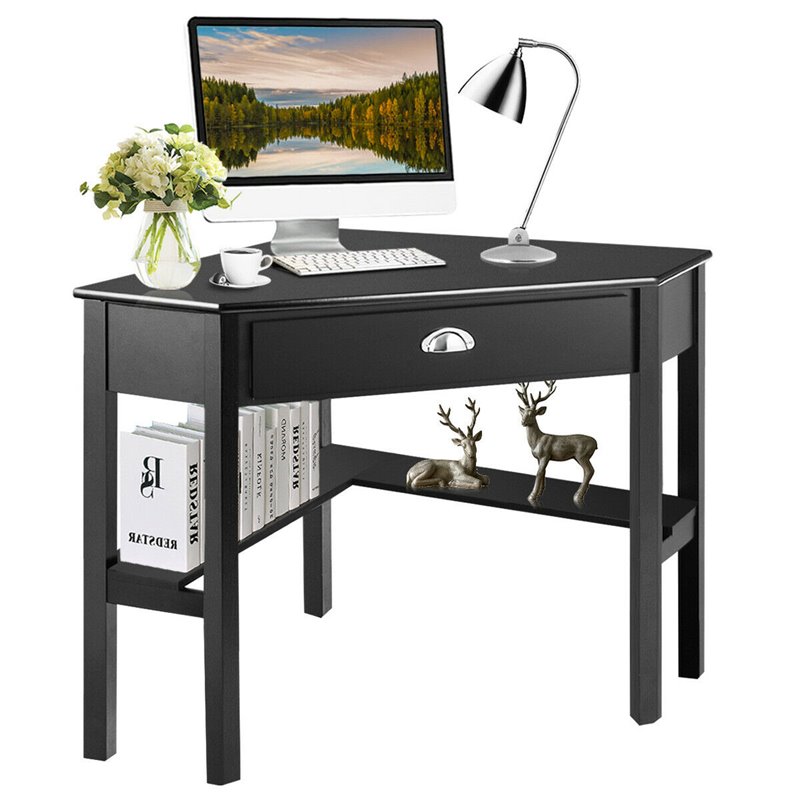 Pemberly Row Contemporary Pine and MDF Corner Computer Desk in Black
