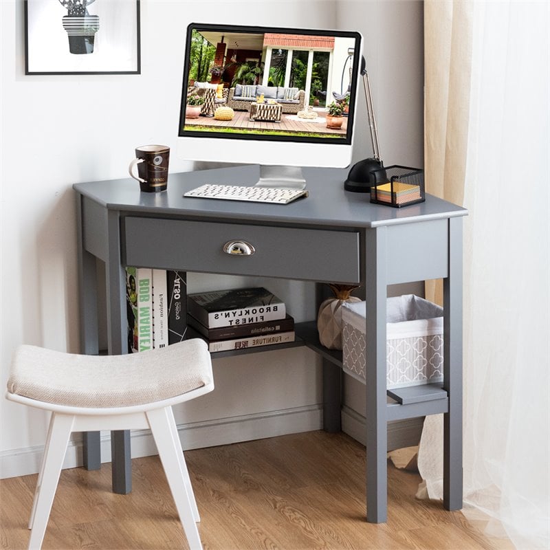 Pemberly Row Contemporary Pine and MDF Corner Computer Desk in Gray