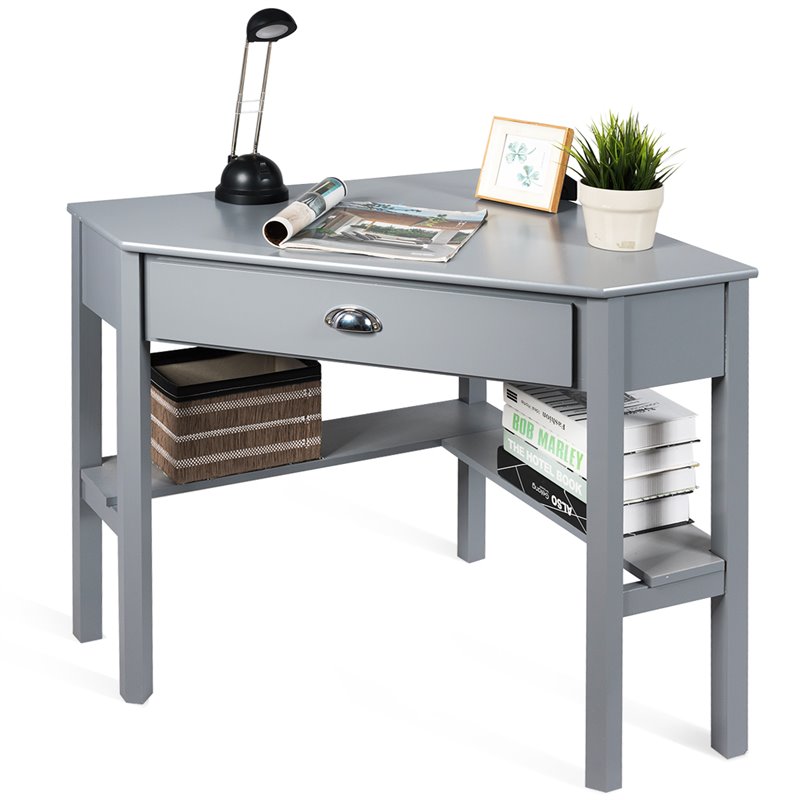 Pemberly Row Contemporary Pine and MDF Corner Computer Desk in Gray