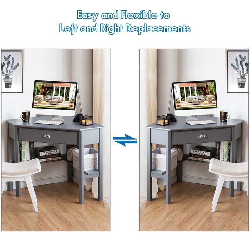 Pemberly Row Contemporary Pine and MDF Corner Computer Desk in Gray