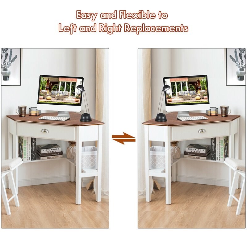 Pemberly Row Contemporary Pine and MDF Corner Computer Desk in Natural/White