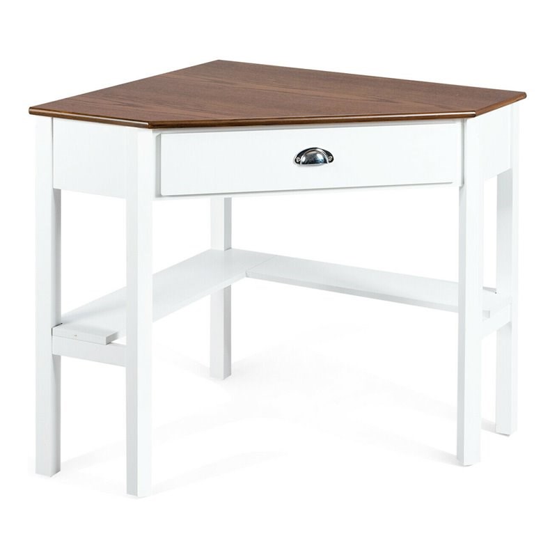 Pemberly Row Contemporary Pine and MDF Corner Computer Desk in Natural/White