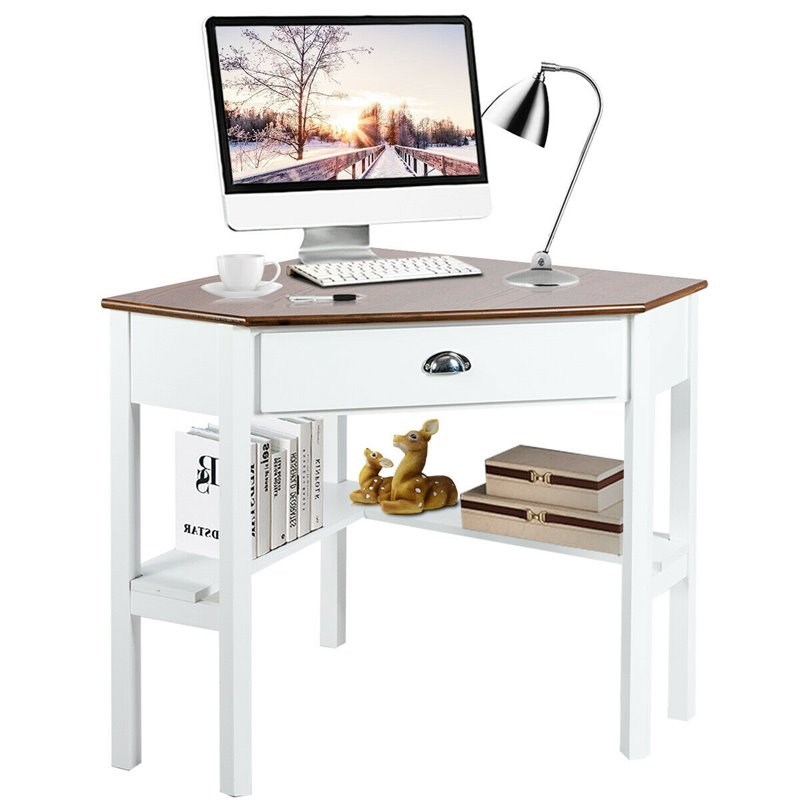 Pemberly Row Contemporary Pine and MDF Corner Computer Desk in Natural/White