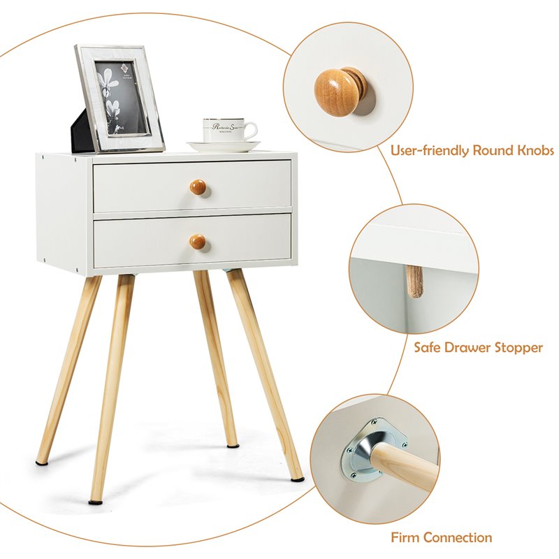 Pemberly Row MDF and Wood Nightstands with 2 Drawers in White (Set of 2)