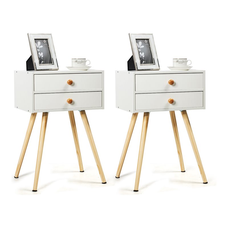 Pemberly Row MDF and Wood Nightstands with 2 Drawers in White (Set of 2)