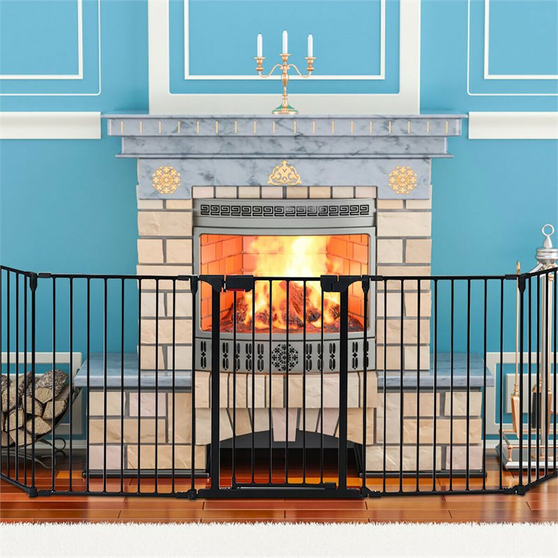 Pemberly Row Steel Fireplace Safety Fence Hearth Gate in Black Finish