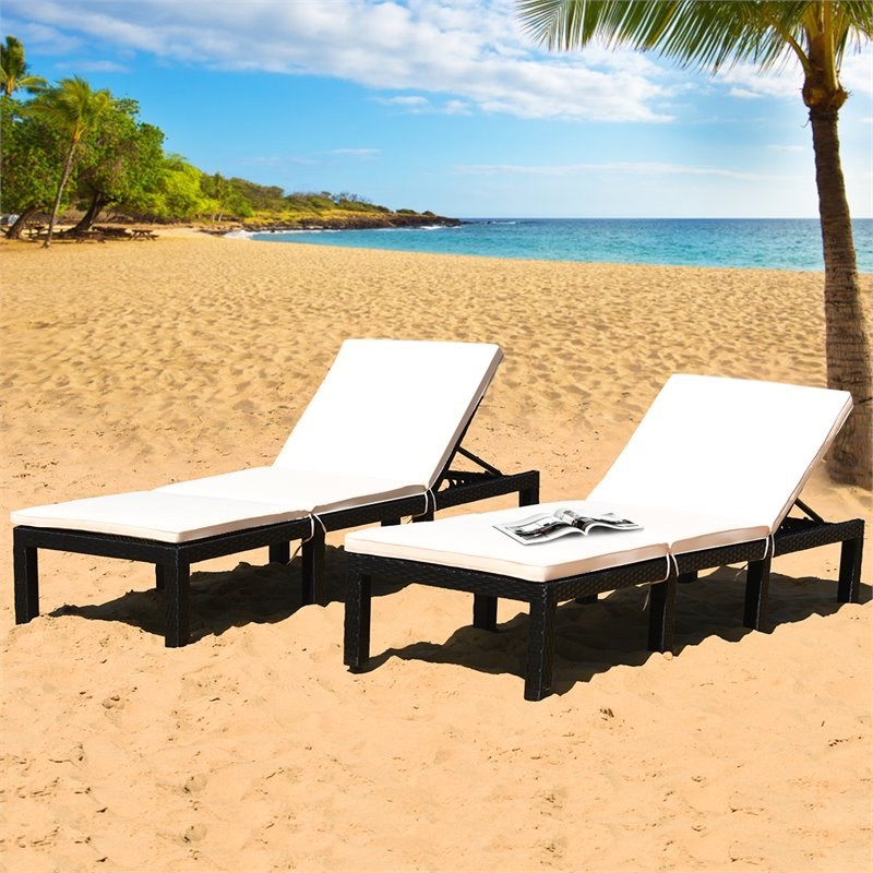 Pemberly Row 2 Pcs Rattan Patio Garden Lounge Chaise Chair with Cushion in White