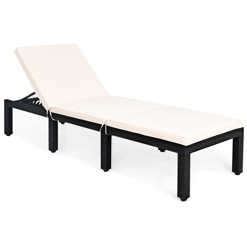 Pemberly Row 2 Pcs Rattan Patio Garden Lounge Chaise Chair with Cushion in White